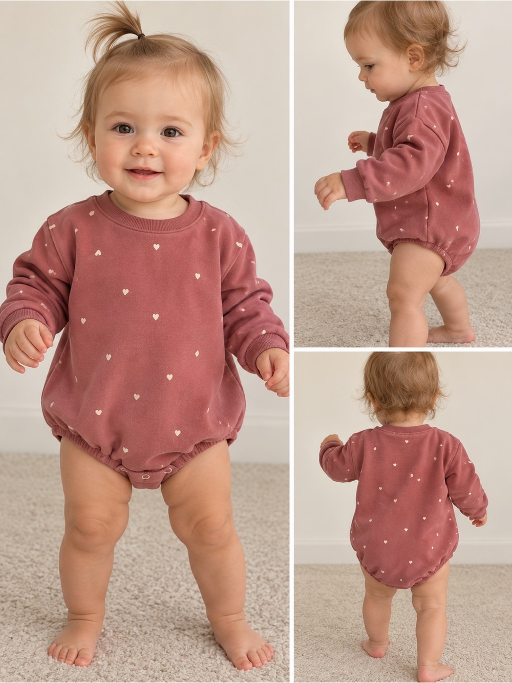 Colored Organics Kendi Baby Heart-Print One-Piece Sweater Romper in Dusty Rose